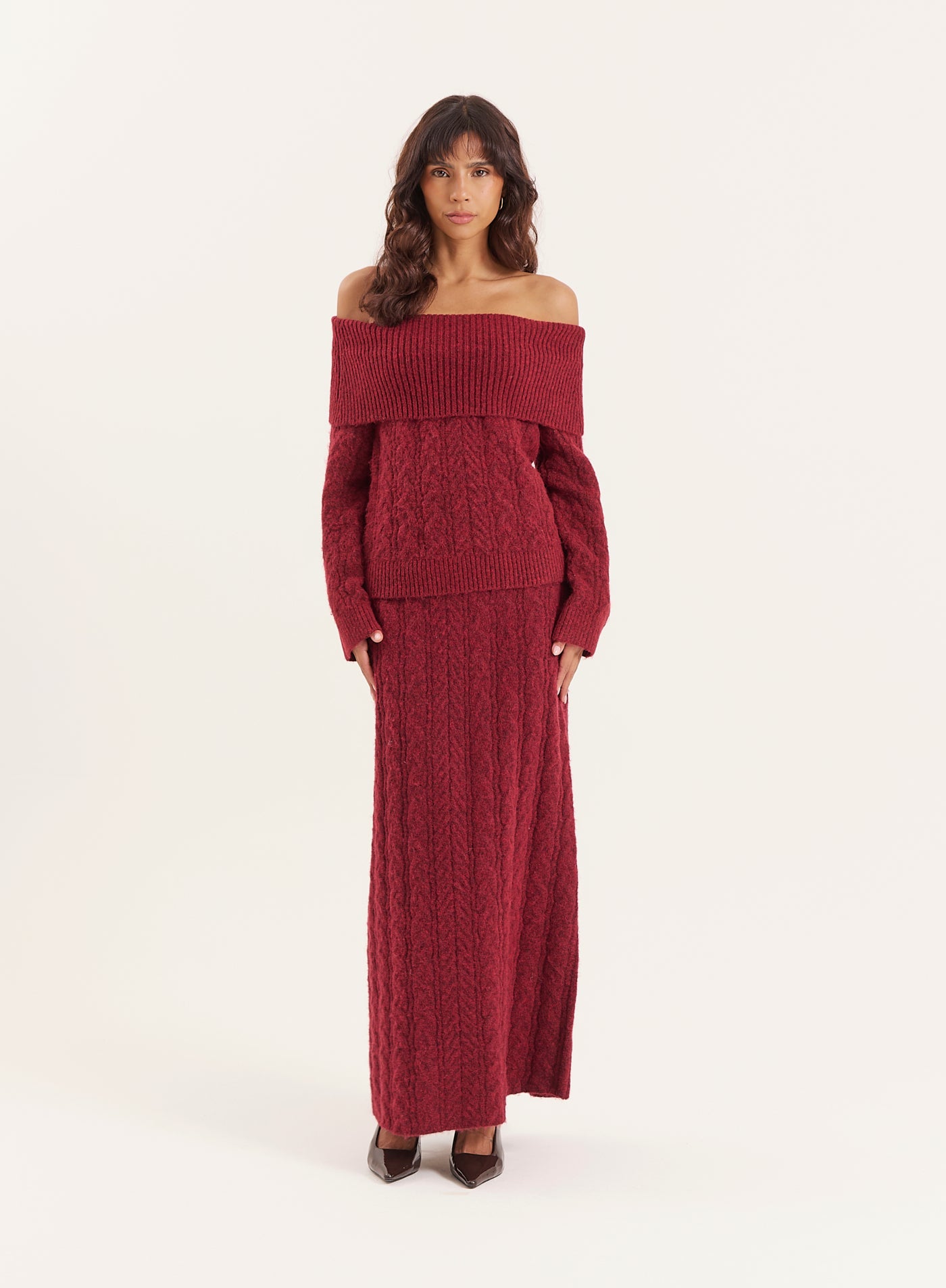 Burgundy Cable Knitted Maxi Skirt